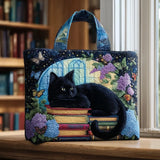 Sac à main artisanal – Chat noir et livres