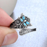 Sterling Zilveren Lepelring met Turquoise – Vintage Boho Ring met Libelle