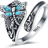 Sterling Zilveren Lepelring met Turquoise – Vintage Boho Ring met Libelle