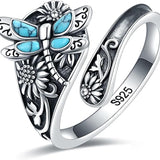 Sterling Zilveren Lepelring met Turquoise – Vintage Boho Ring met Libelle