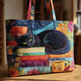 Sac à main artisanal – Chat noir, livres et tasses